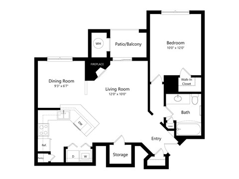 Floor plan for 1 bed, 1 bath, 835 sqft